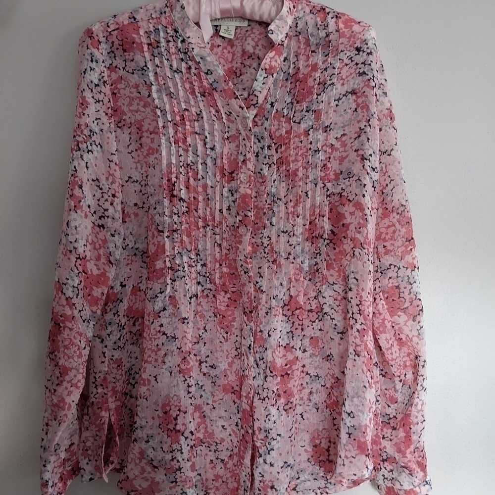 Appleseed Pleated Front Sheer Tunic Small Pink Flowers Very Cute